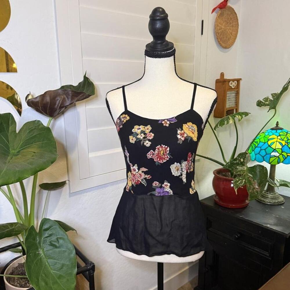 Vintage 90s Dorothy Schoelen Platinum Floral Sheer Peplum Cami Top